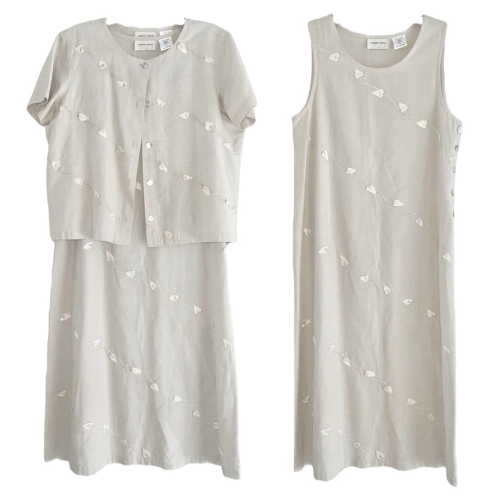 Lemon Grass Maxi Dress Petite S Beige Embroidered A Line Short Sleeve Two Piece